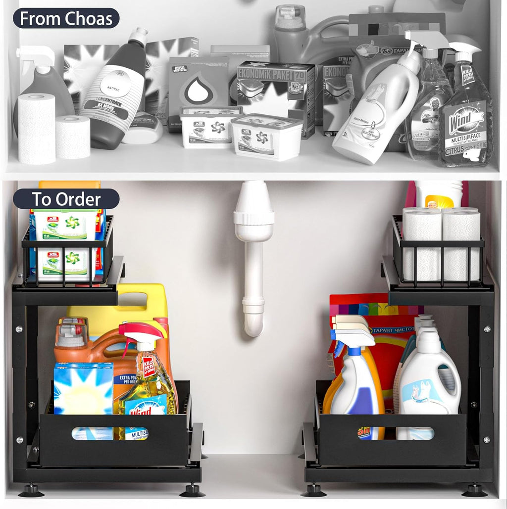 Under Sink Organizer, 2-Tier Pull Out Cabinet Drawer with Adjustable Height 13.7-17.1", Kitchen Bathroom Storage Rack, Heavy Duty Metal Sliding Basket Shelf