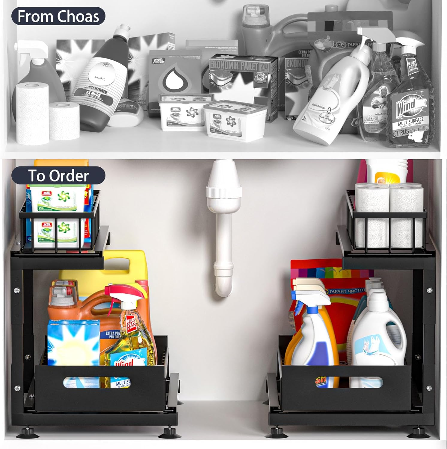 Under Sink Organizer, 2-Tier Pull Out Cabinet Drawer with Adjustable Height 13.7-17.1", Kitchen Bathroom Storage Rack, Heavy Duty Metal Sliding Basket Shelf