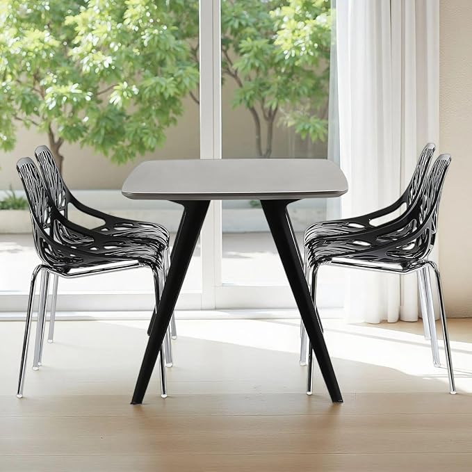 Karl home Modern Black Dining Chairs Set of 4, Stackable Plastic Chair for Dining Room, Living Room, Waiting Room,4 Chrome Metal Legs, 350lbs Capacity,21.3”L x 21.3”W x 33.5" H