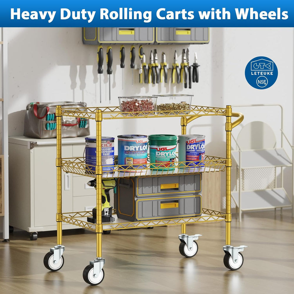 Leteuke 3 Tier Rolling Carts with Wheels, Heavy Duty Rolling Utility Cart