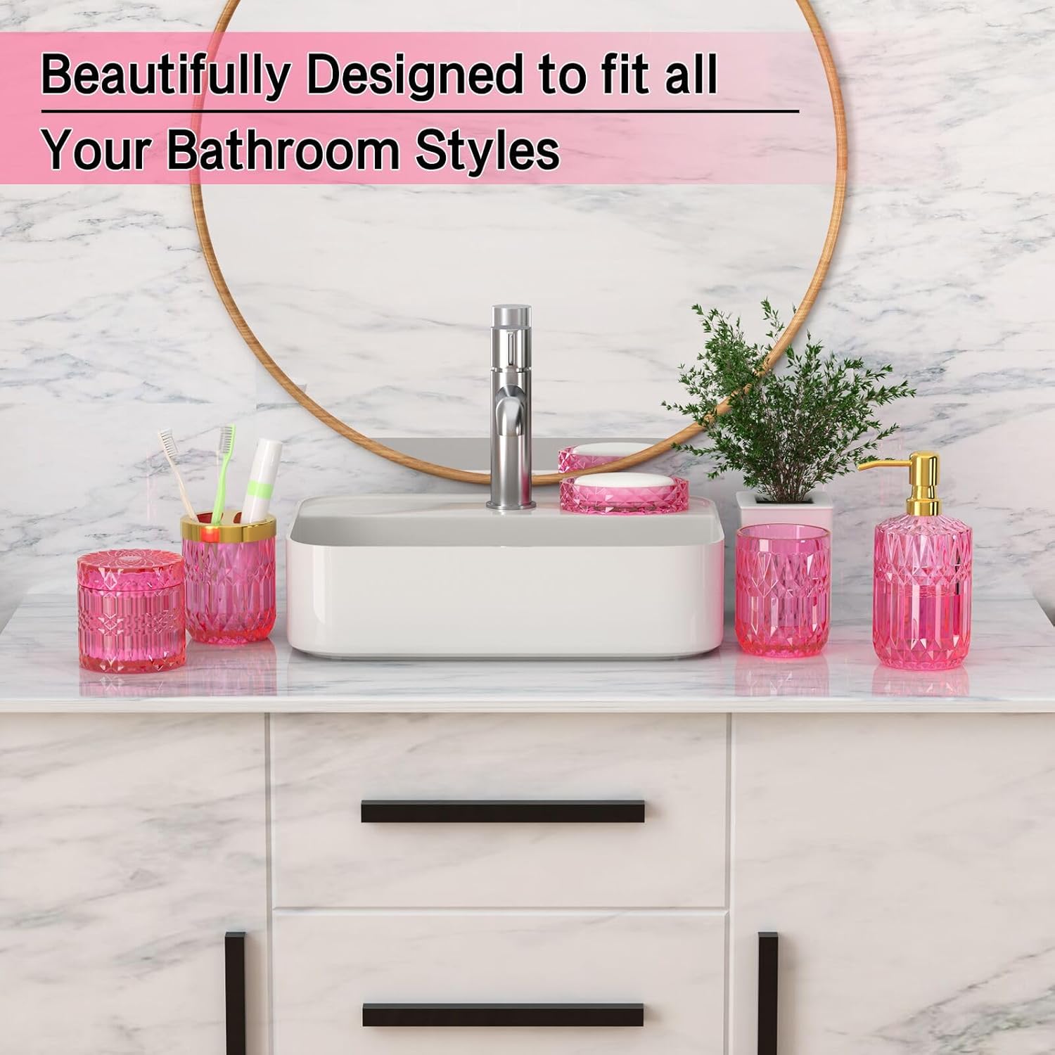 Hot-Pink Glass Bathroom Accessories Set 5 Pcs, Hot-Pink Bathroom Set, Soap Dispenser and Toothbrush Holder Set, Qtip Holder Set, Vintage Bathroom Sink Set, Cute Bathroom Decor