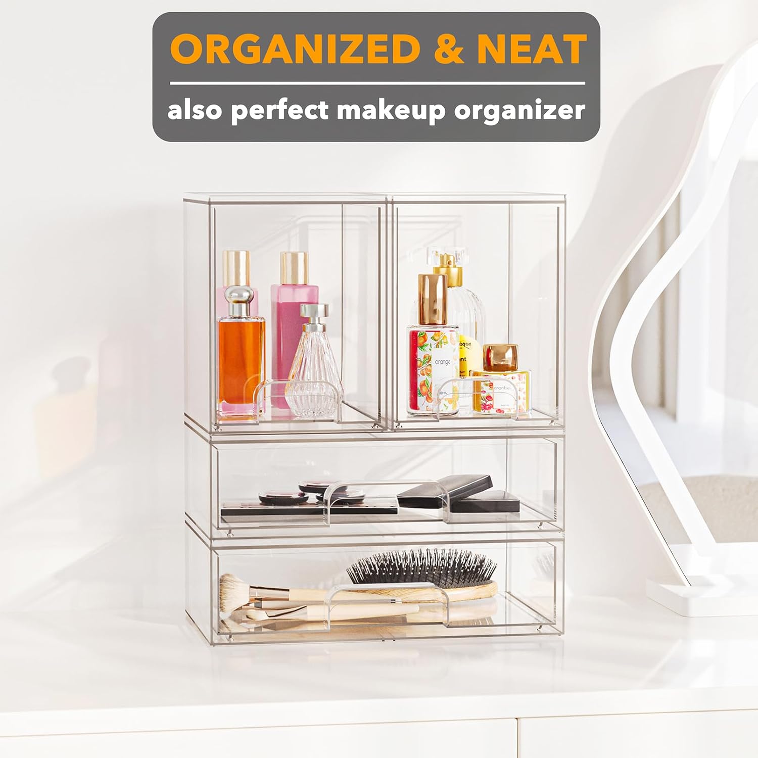 SpaceAid Bottle Storage Organizer Baby - Acrylic Bottles Station Organizer Container, Stackable Clear Drawers for Countertop, Vanity, Bathroom, Cabinet, Pantry Organization, 4 Pack, 2M2L, 14.4" H