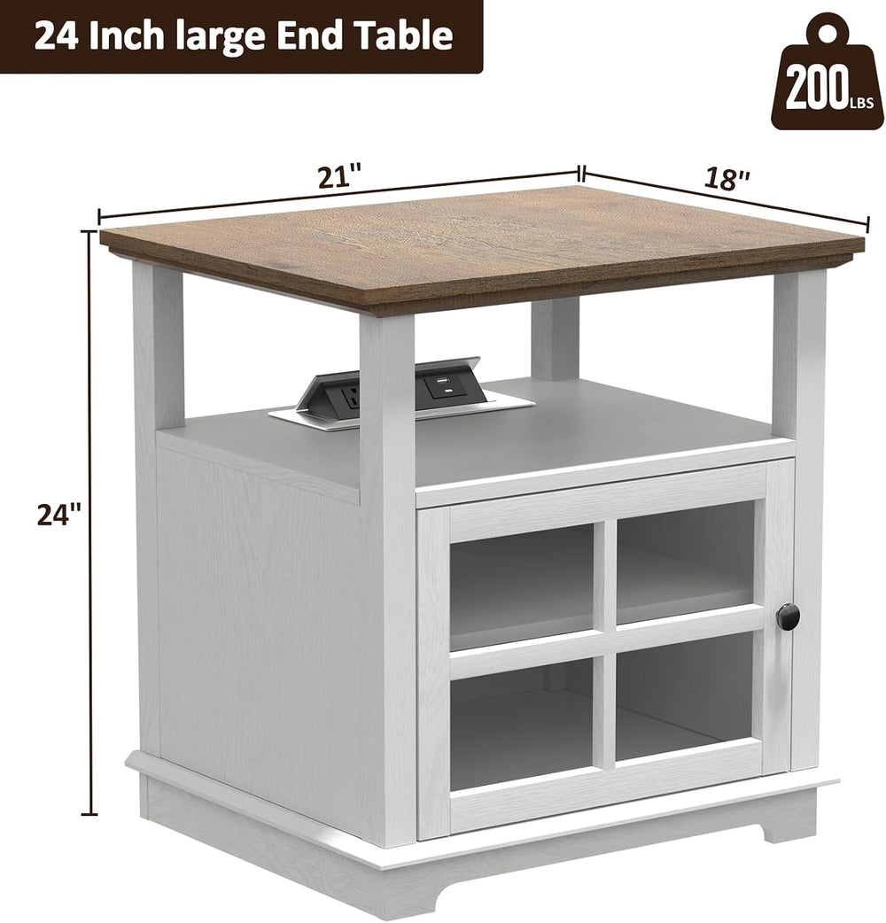 HIFYOBRO 24''Tall White End Table with Charging Station, Adjustable S...