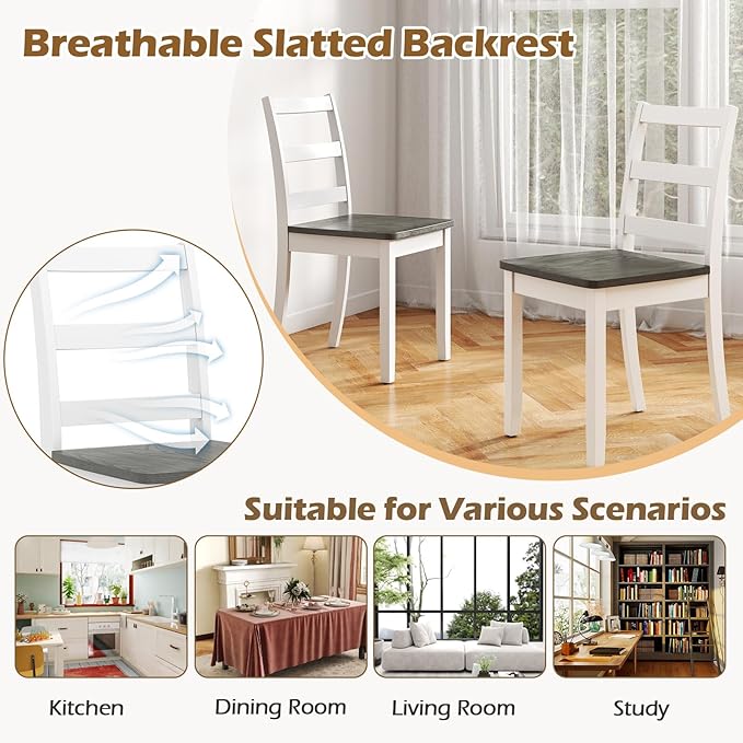 COSTWAY Wooden Dining Chairs Set of 4, Mid-Century Modern Armless Kitchen Side Chairs with Curved Backrest and Rubber Wood Legs for Home Dining Room, Kitchen, Restaurant (White&Grey)