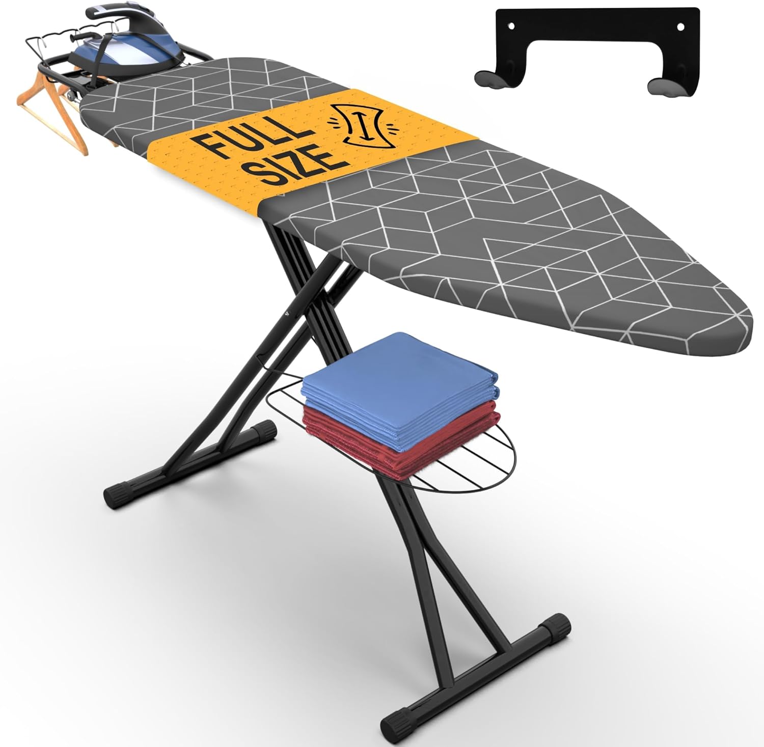 Xabitat Full Size Ironing Board 57" X 13" with Wall Mount Hanger, Full Metal Construction Iron Board, Built in Iron Caddy, Heat & Scorch Resistant Fabric, Cord Holder, Anti-Skid Feet, Heavy Duty