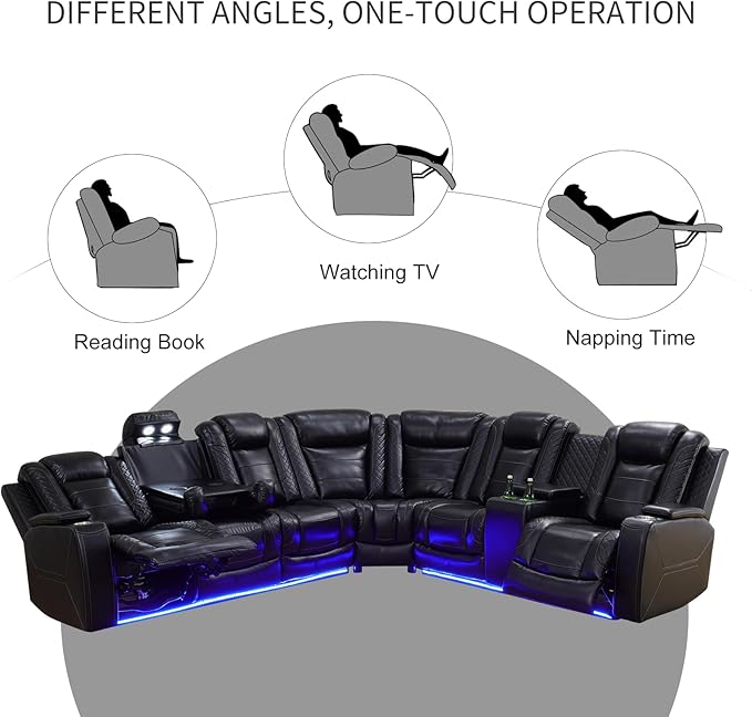Power Reclining Sectional Sofa for Living Room,Modern L-Shaped Black Air Leather Sectional Couch Set,Recliner Sofa Set,with LED Lights,Cup Holder,Storage,Charging Ports,Home Theater Seat