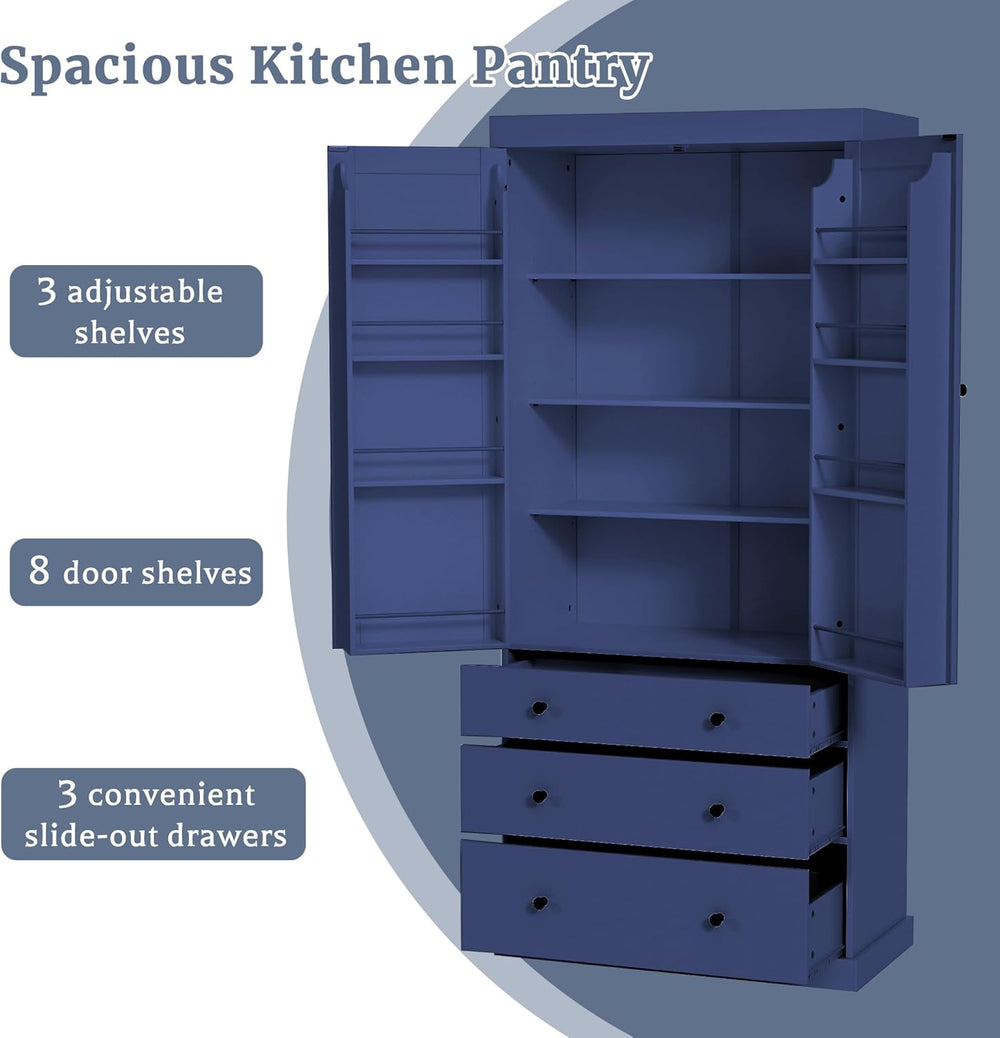Tall Kitchen Pantry Cabinet Wood Freestanding Large Cupboard with 3 Drawers, ...