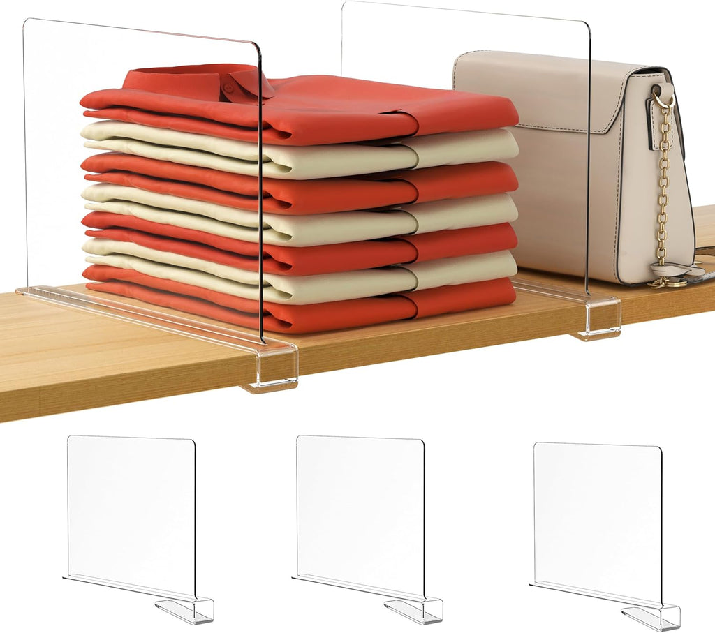 HBlife 3 Pack Clear Shelf Dividers, Vertical Purse Organizer for Closet Perfect for Sweater, Shirts, Handbags in Bedroom and Kitchen, Adjustable Acrylic Bookshelf for Organization