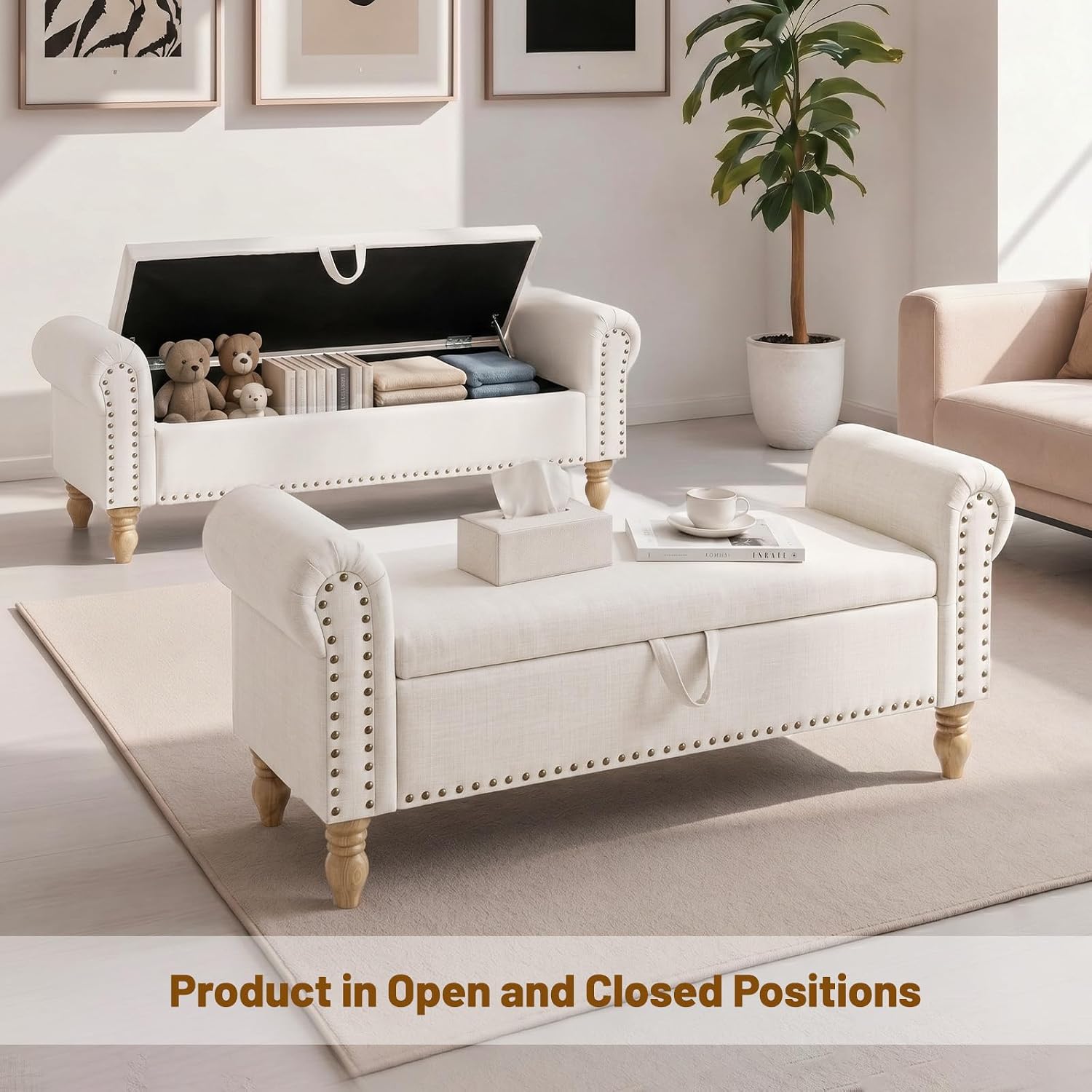 55" Linen Storage Bench, Queen End of Bed, Off-White | Linen Upholstered, Bedroom/Entryway/Closet, Storage Ottoman Bench, Window Seat, Lift-Top Storage, for Queen & King Bed