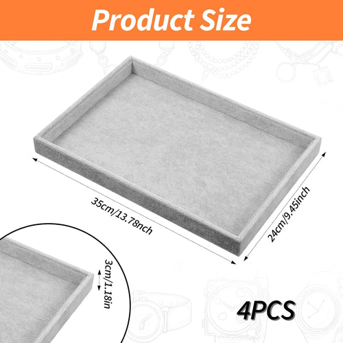 4 Pack Gray Velvet Stackable Jewelry Tray Showcase Display - 13.78 x 9.45 x 1.18 Inch, Stackable Necklace Bracelet Ring Showcase Display Empty Plate for Necklace Earring Ring Bracelet