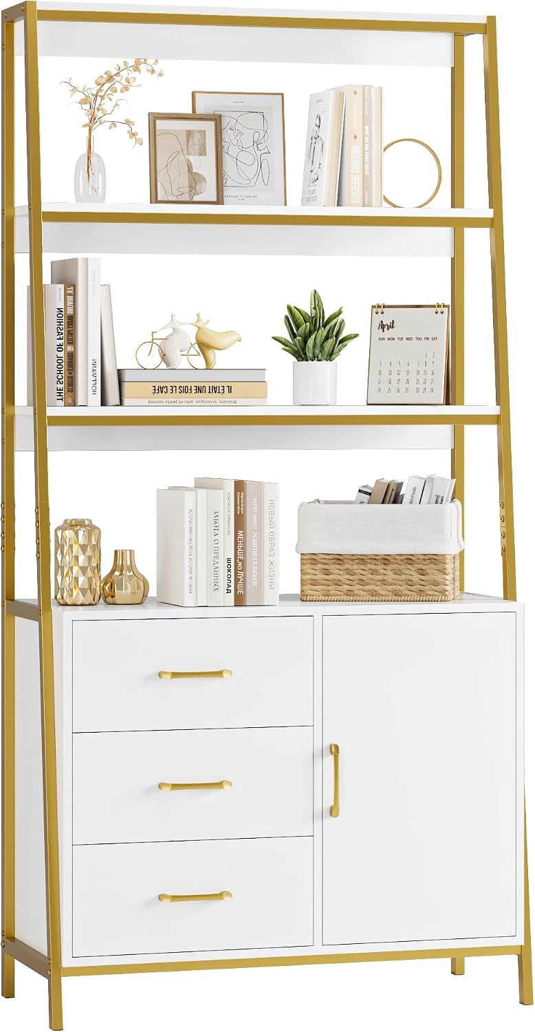 HITHOS White Gold Bookshelf, 69" H Ladder Book Shelf with Drawers & ...