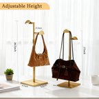 2 Pack Purse Holder for Closet, Dual Hook Purse Stands for Display, Stainless Steel Bag Hanger, Adjustable Height Purse Rack Stand, Handbag Display Stand, Bag Hanger for Vendors Table Boutiques (Gold)