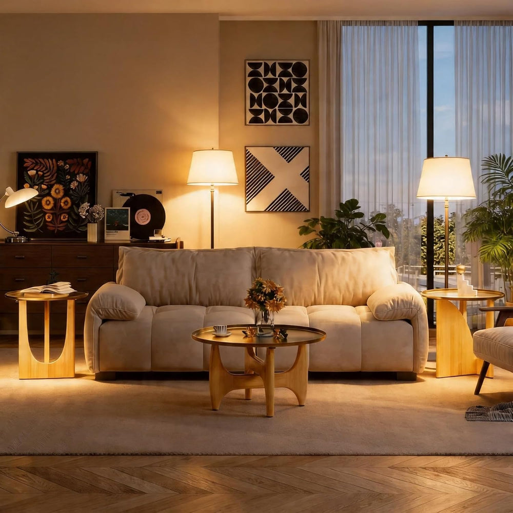 Gold End Tables Set of 3, Round Side Tables, Sofa Table with Wood Legs and Ra...