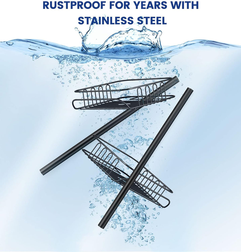 SEIRIONE Rustproof Shower Caddy and Organizer Corner for Bathroom, Tension Pole With 4 Adjustable Baskets for Shower Accessories, 34 to 116 Inch Height, Black