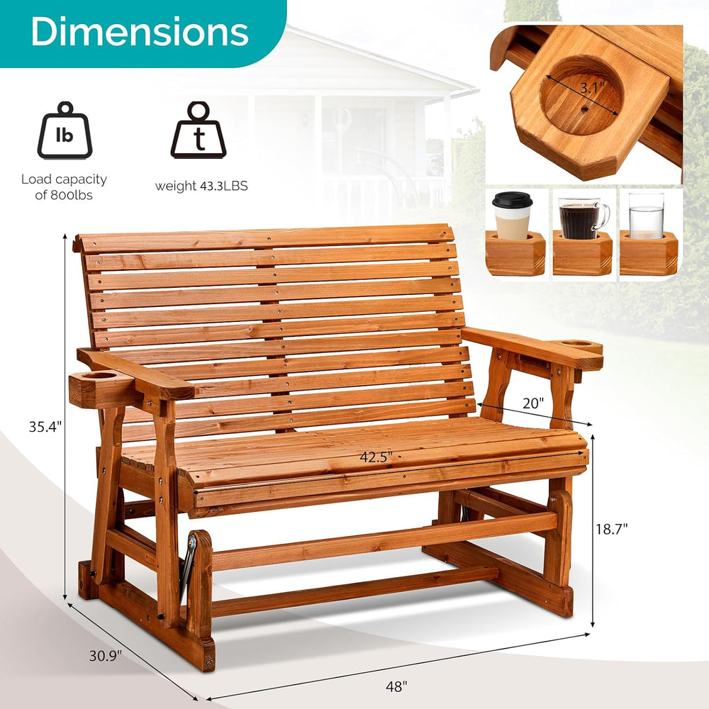 VINGLI Outdoor Glider Wood Patio Chair with Cup Holders, Outdoor Bench Glider...