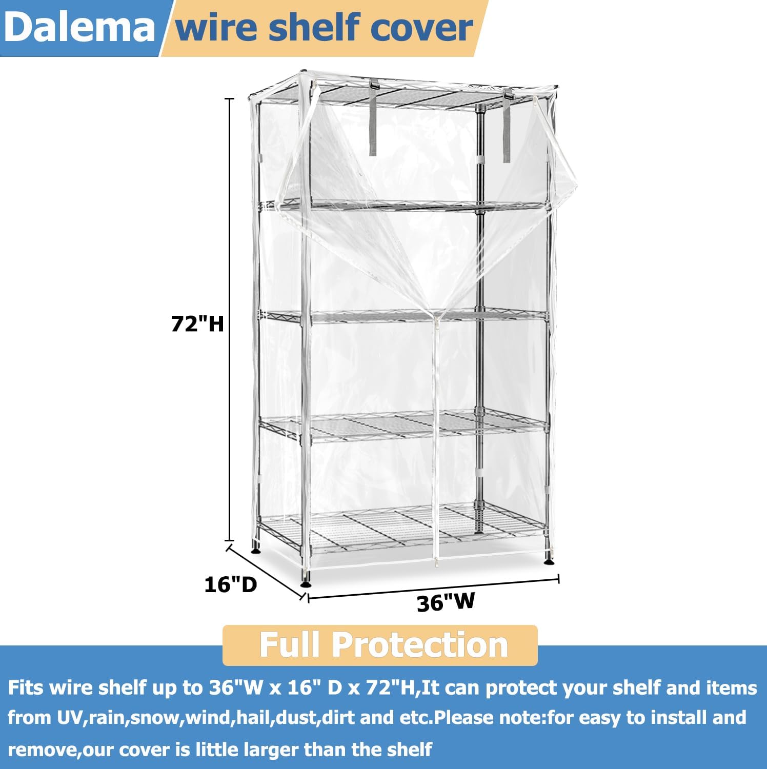Waterproof Shelf Cover,Durable Dustproof Storage Wire Rack Covers,Outdoor Shelving Covers for Wire Shelves with Zipper 36''x16''x72'',Clear,Cover Only