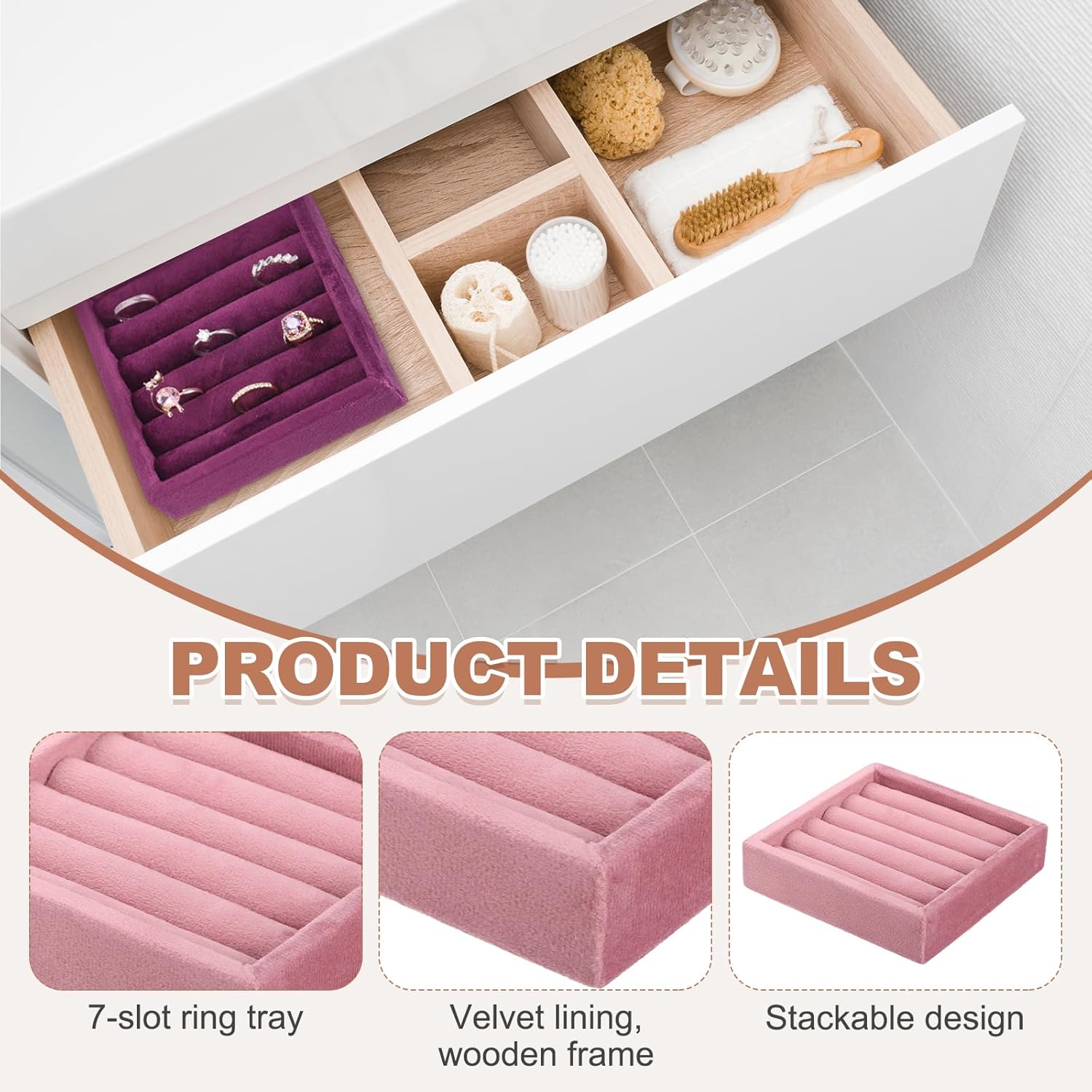 uxcell Stackable Jewelry Storage Tray, Jewelry Tray Drawer Organizer, Small Display Box for Earrings, Necklaces, Rings and Bracelets, Pink