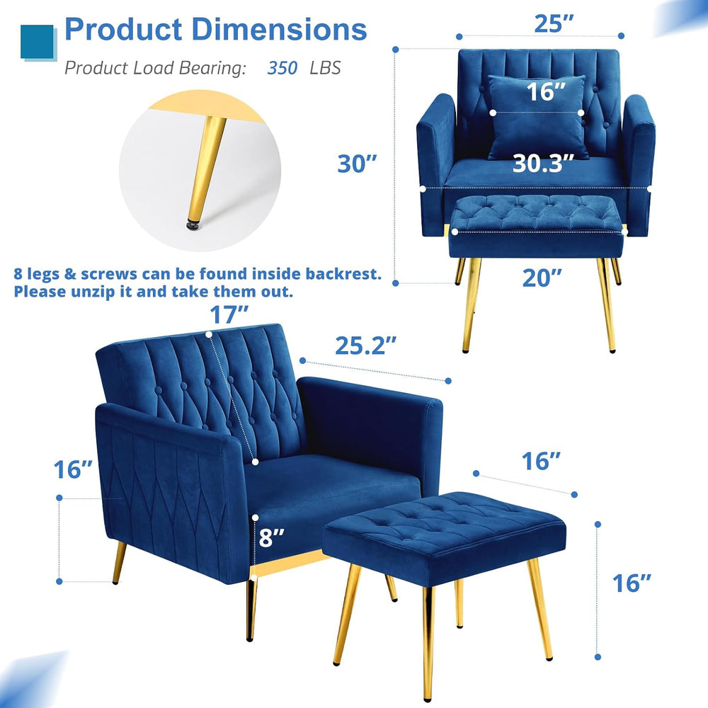2 Pieces Velvet Sofa Set with Adjustable Armrest and Backrests, Blue | 70” Co...