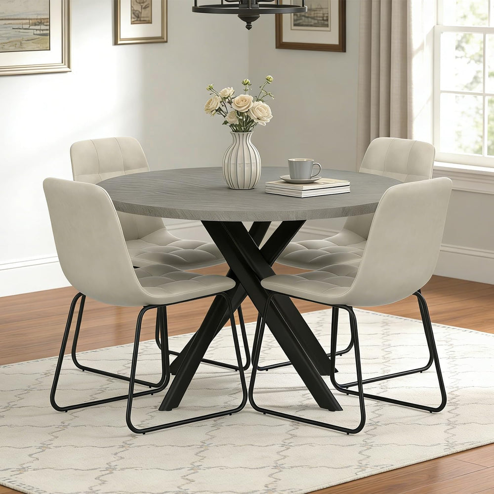 44" Round Dining Table Set for 4, Modern X-Shaped Metal Leg Table | Cush...