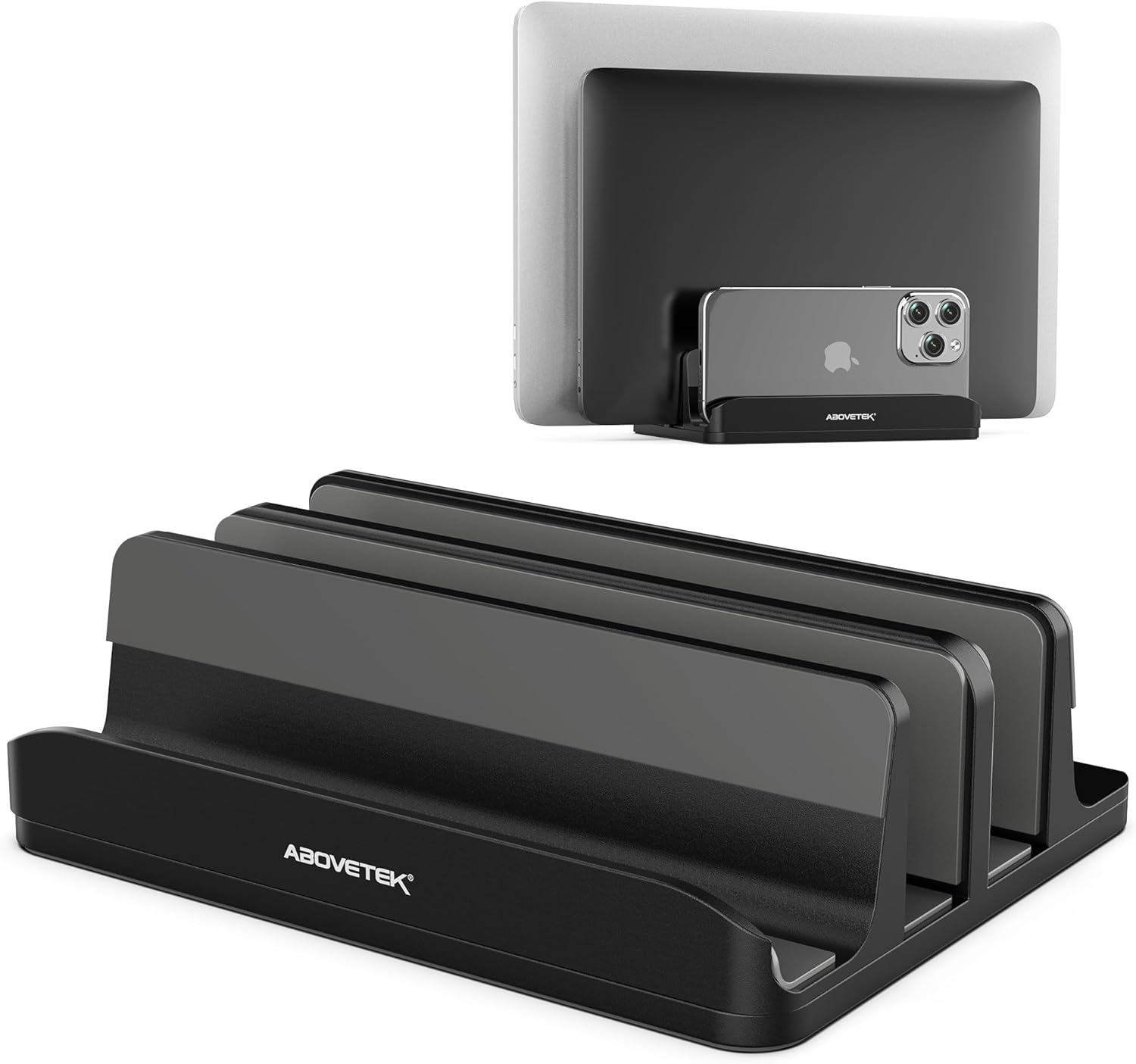 AboveTEK Vertical Laptop Stand Holder, 3 Slots Aluminum Desk Stand with Adjustable Dock Size for Tablet, MacBook, Phone - Universal Fit (up to 17.3") - Heavy Duty Polished, Anti Slide - Black