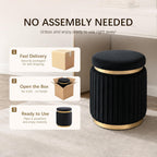 Round Vanity Stool Ottoman, Black | Velvet Upholstered, Small Foot Stool with Gold Trim, Stainless Steel Base, For Bedroom, Living Room, Entryway