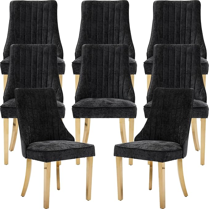 Black Mid Century Dining Chairs Set of 8, Modern Kitchen & Dining Room Chairs Set of 8, Chenille Fabric Upholstered Kitchen Chairs for Dining Table, Sillas de Comedor, Gold Legs (Black, 8 Pcs)