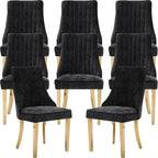Black Mid Century Dining Chairs Set of 8, Modern Kitchen & Dining Room Chairs Set of 8, Chenille Fabric Upholstered Kitchen Chairs for Dining Table, Sillas de Comedor, Gold Legs (Black, 8 Pcs)