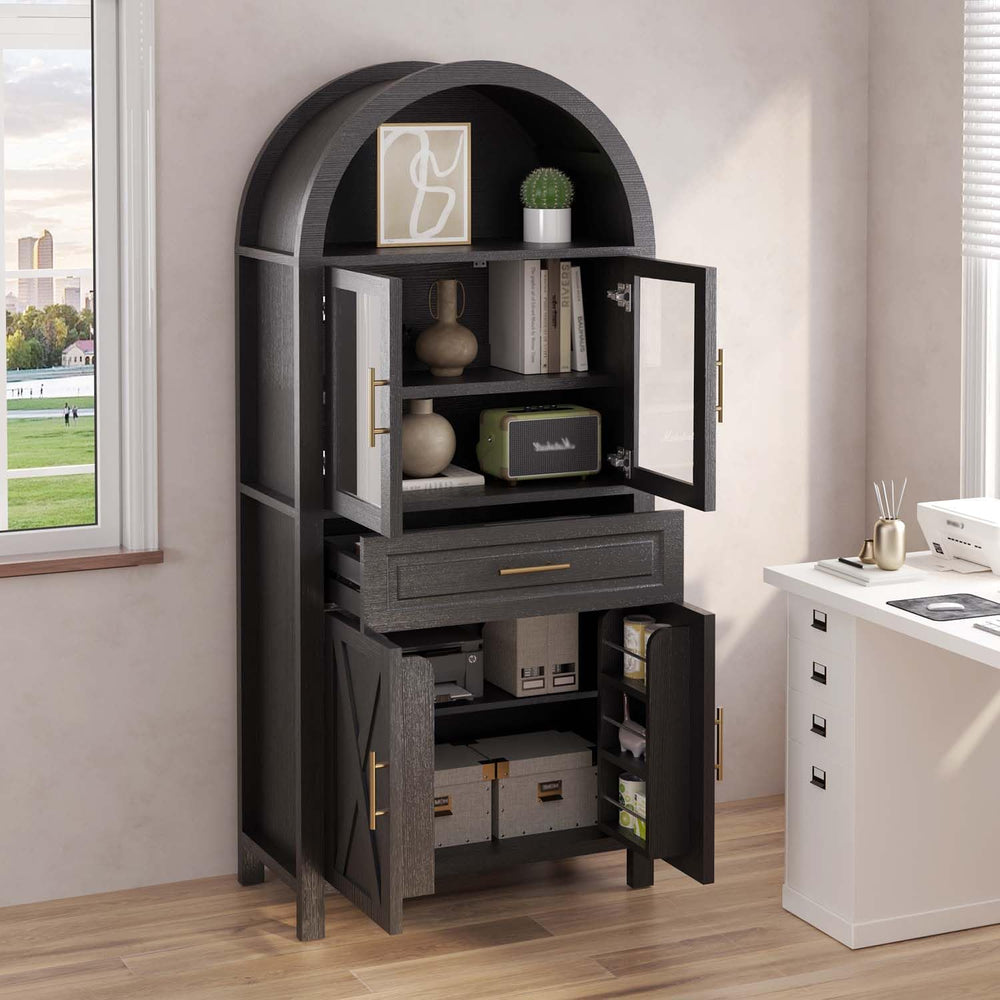 71" Tall Arched Kitchen Pantry Cabinet with Glass Door, Versatile Cupboa...