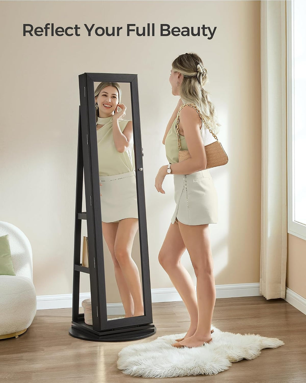 SONGMICS 360° Swivel Jewelry Cabinet, Full-Length Mirror, Lockable