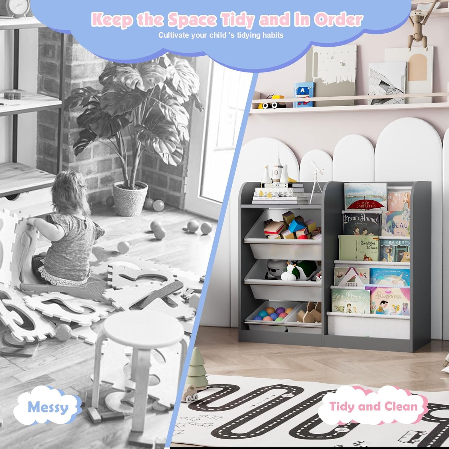 Grey Kids Wood Bookshelf Toy Storage Box Organizer Shelf W/4 Removable Plastic Toy Bins Children Bookcase Toddler Baby Sling Book Rack Cabinet Chest Girl Boy Gift Playroom Classroom Bedroom Nursery