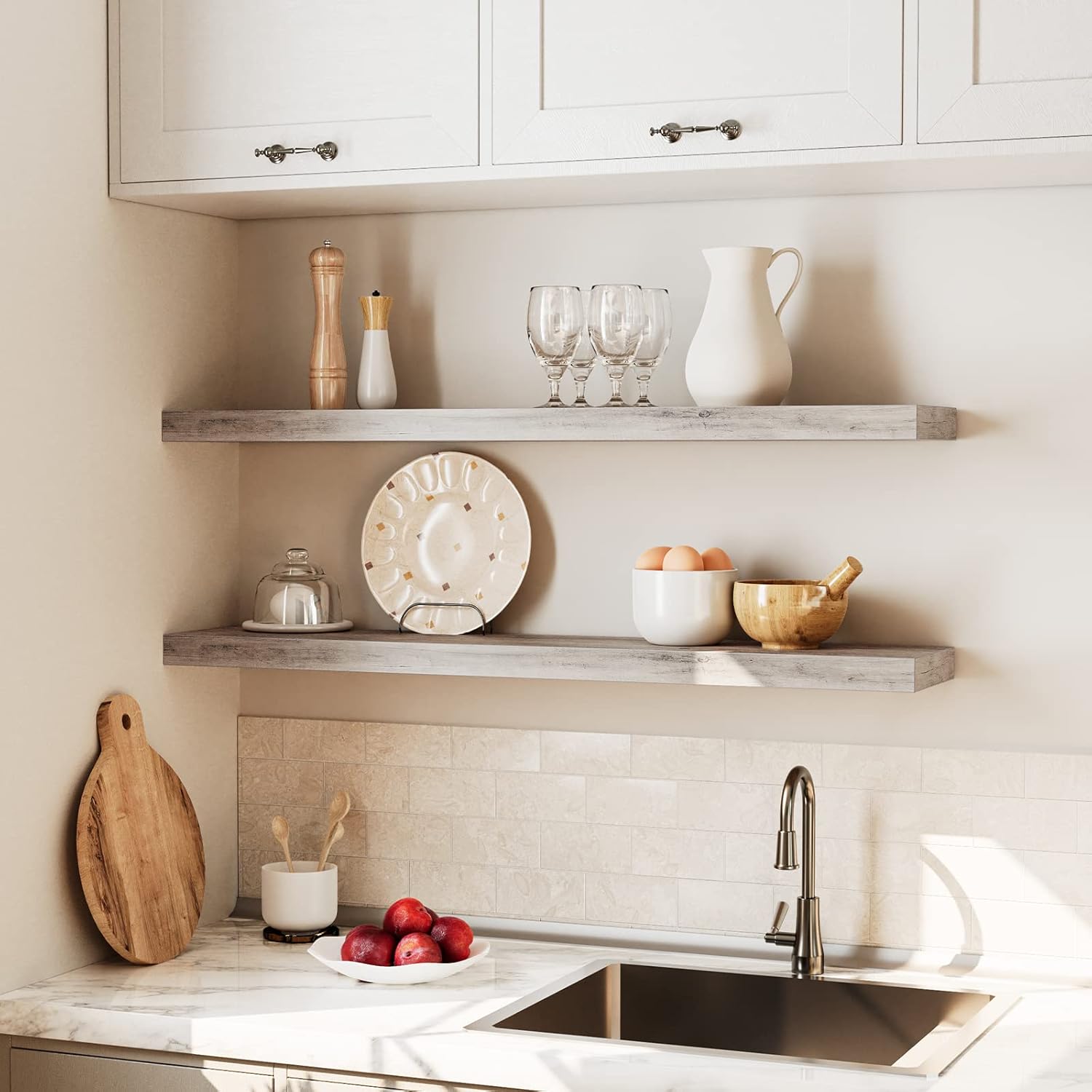 HOOBRO Floating Shelves for Wall, Wall Mounted Shelf Set of 2, 39.4" Hanging Shelf with Invisible Brackets, for Wall in Bathroom, Bedroom, Toilet, Kitchen, Living Room, Office, Greige BG100BJP201