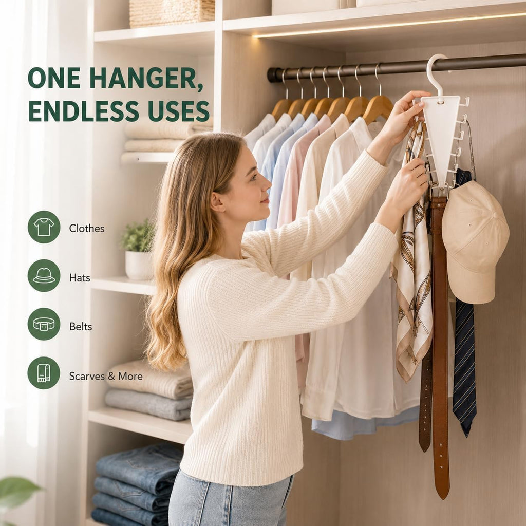 V Shaped Double-Sided Closet Organizer Hanger, 360° Rotating Multi-Layer Vertical Clothes Storage Rack with 12 Hooks, Space Saving Organizer for Hats, Scarves, Belts, Bags and Ties (8PC)