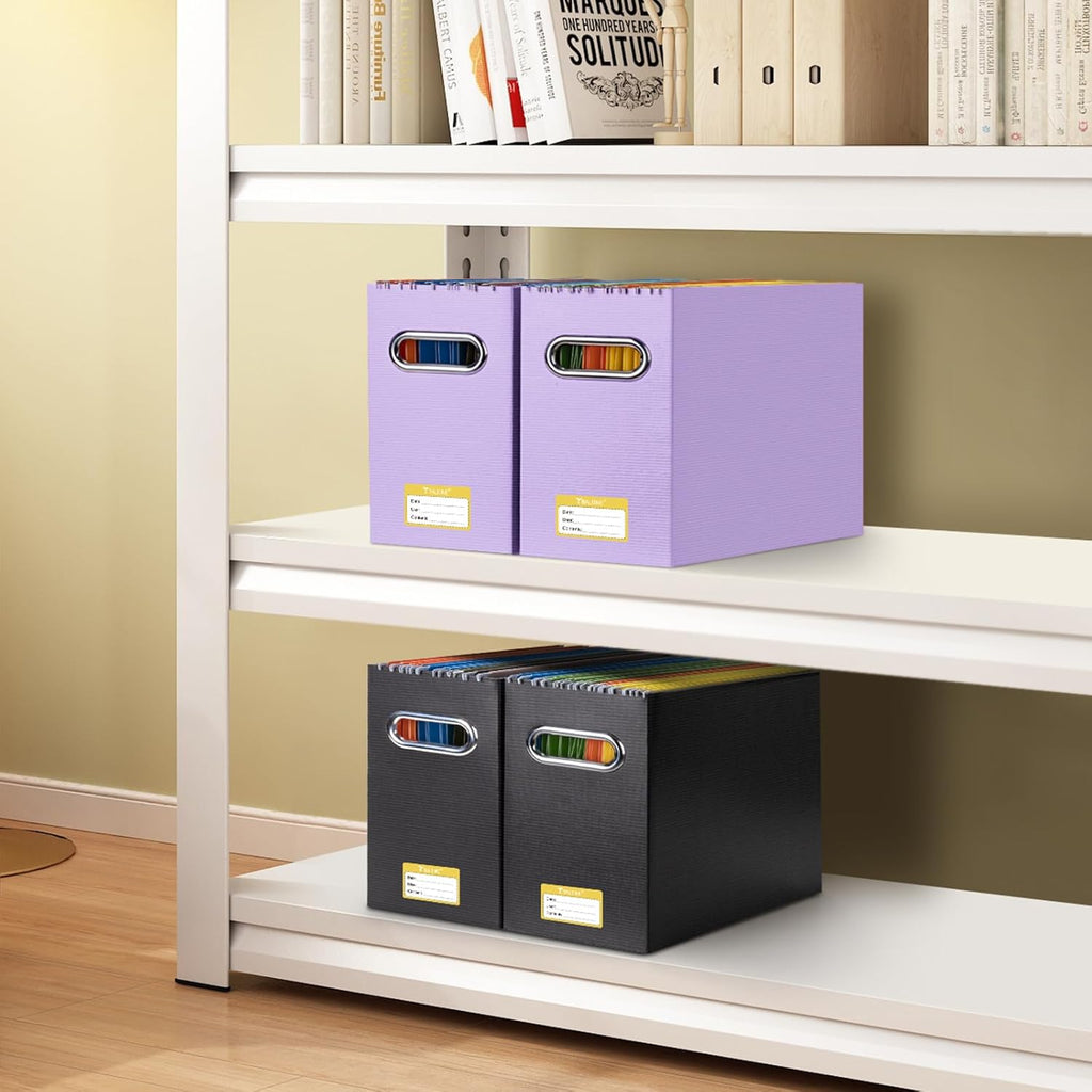 BALEINE File Organizer Box, Cardboard File Folder Organizer with Handle for Letter Size, Portable Collapsible Hanging Filing Box for Home Office Document Storage (4 Pack, Lavender)