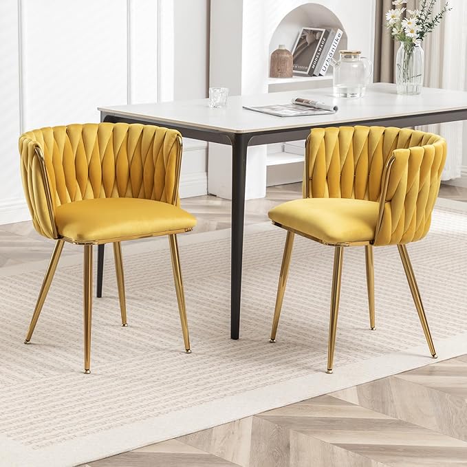 Velvet Dining Chairs Set of 2, Modern Upholstered Dining Chairs with Gold Metal Legs for Dining Room, Vanity, Kitchen, Living Room(Yellow)