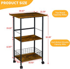 Microwave Stand with Storage, 3-Tier Rolling Kitchen Cart Table with Wire Basket, Wood and Metal Utility Cart on Wheels, Small Coffee Bar Station Cart As Kitchen Island, Microwave Shelf Organizer