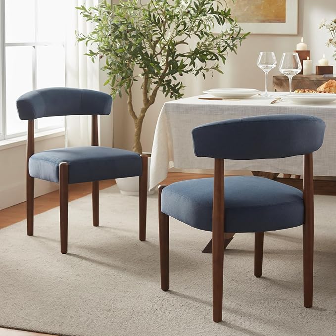 VKNOW Wooden Dining Chairs Set of 2, Modern Upholstered Dining Room Chairs with Walnut Wood Legs and Curved Backrest, Fabric Kitchen Chairs for Farmhouse/Living Room/Dining Room, Blue