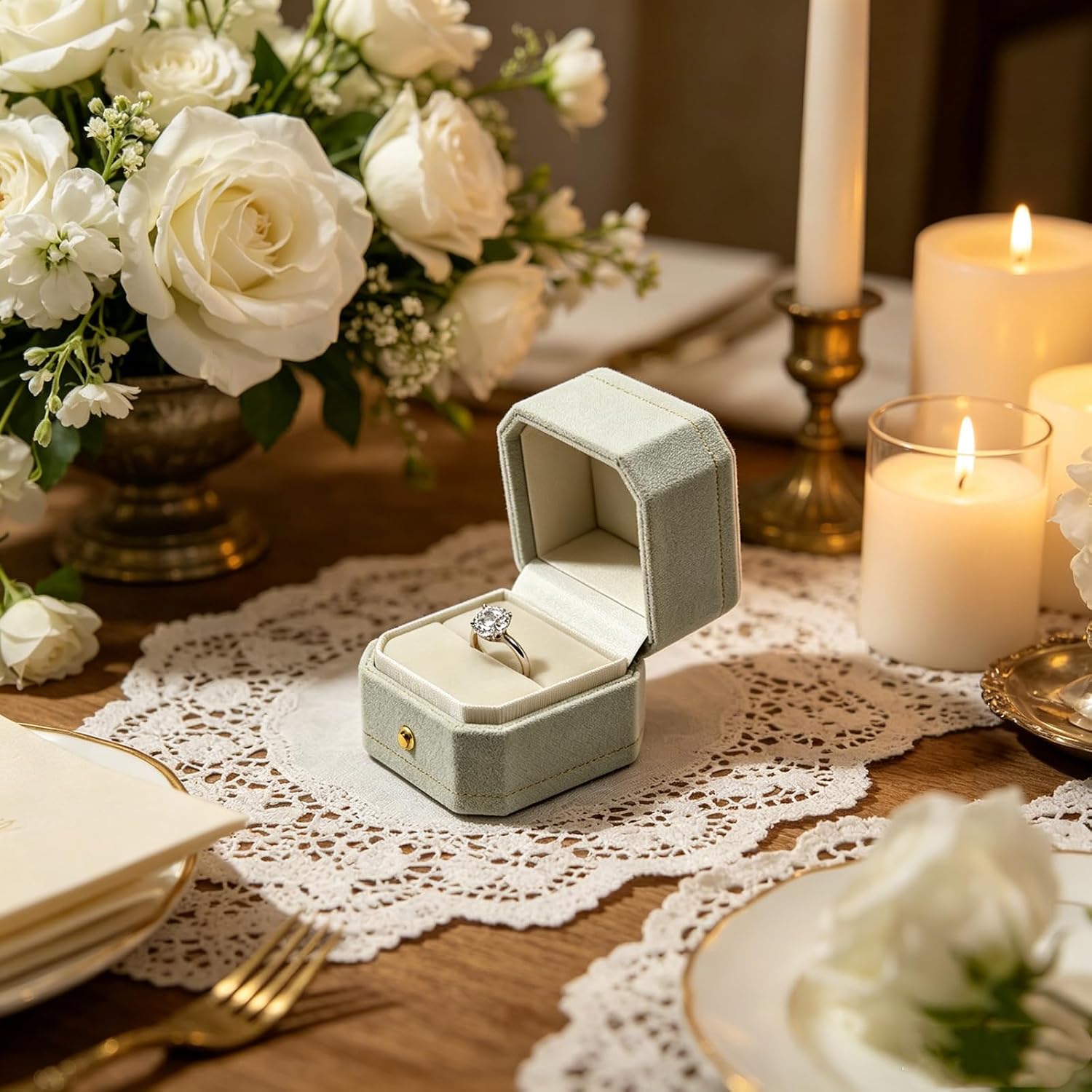 Velvet Ring Box - Octagon Engagement Ring Box with Hinged Lid for Proposal Engagement Wedding, Proposal Ring Case Jewelry Box with Gold Lace PRB001-Sage Green