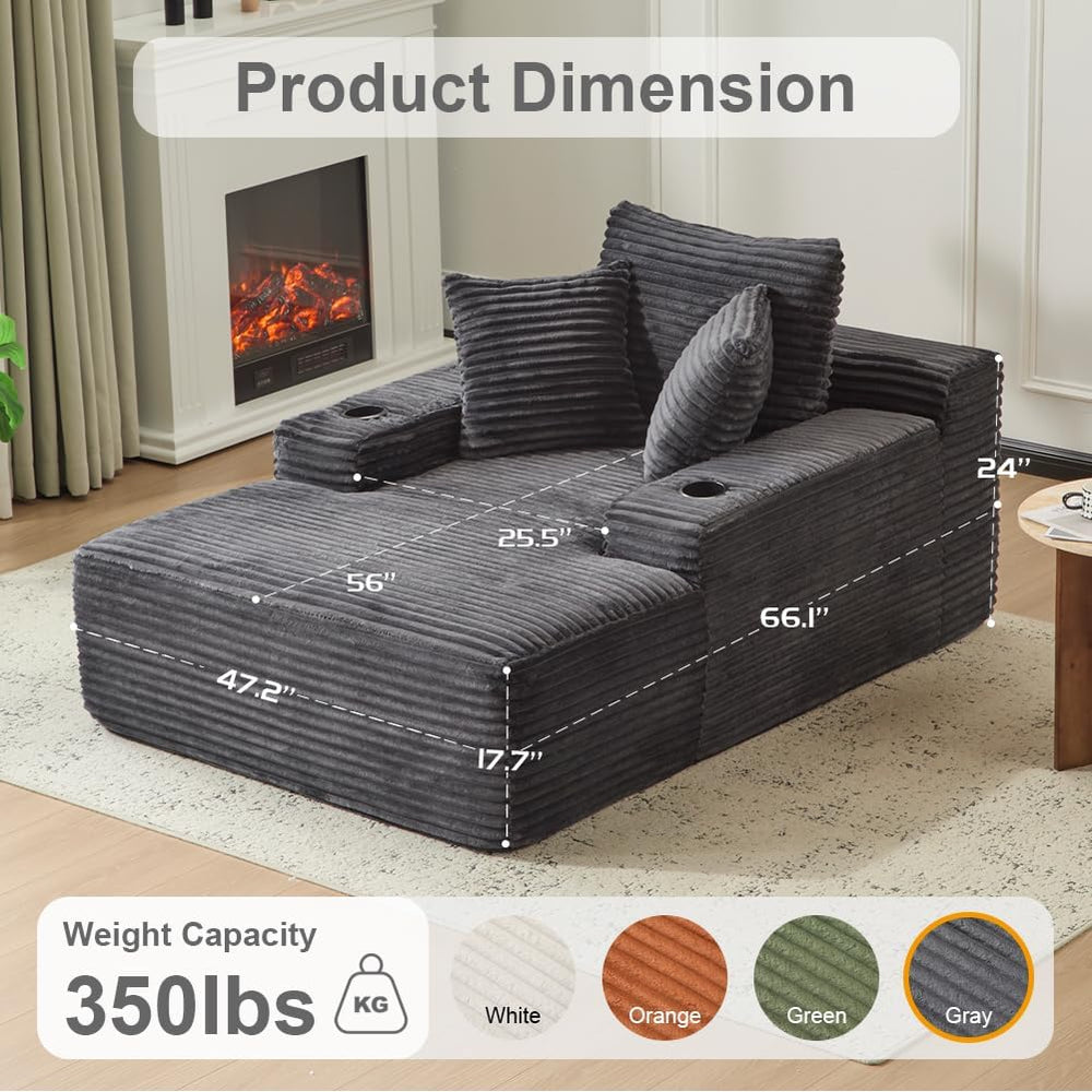 66" Oversized Chaise Lounge Sofa Chair Indoor, Modern Corduroy Single Sl...