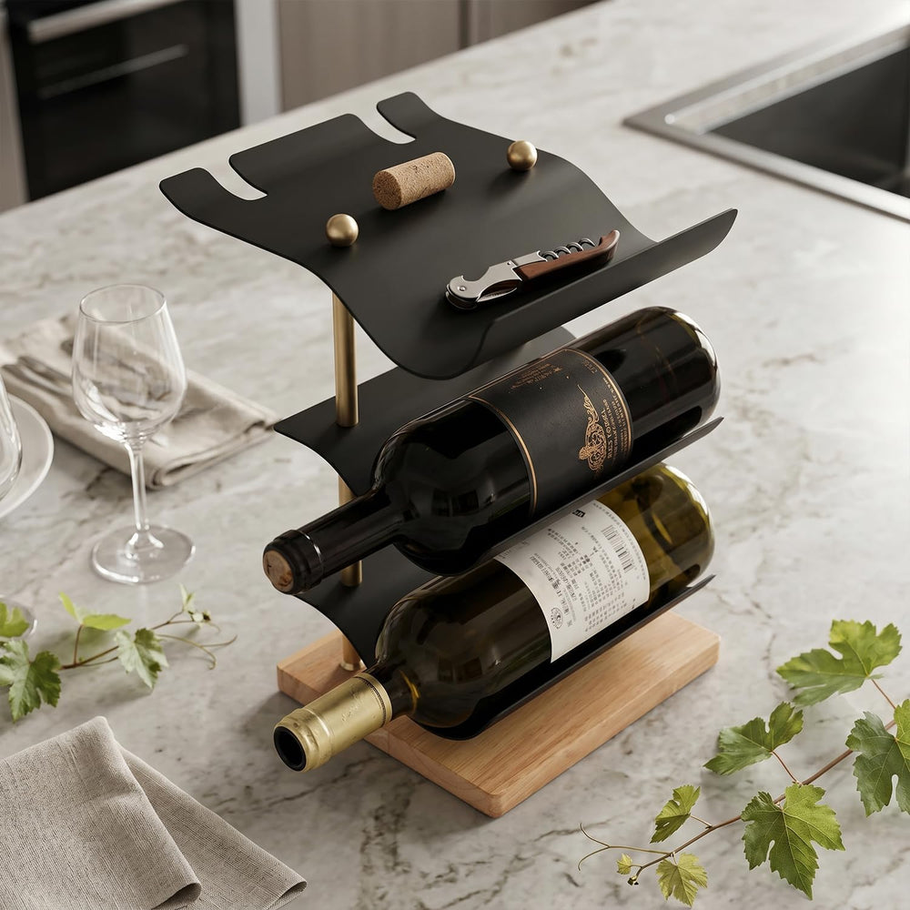 Modern Abstract Wine Rack, Black Metal Wine Holder with Wood Base, 3 Bottle W...