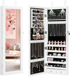 Giantex Jewelry Armoire Wall Door Mounted, Lockable Jewelry Cabinet with 42.5'' Full Length Mirror, 2 LEDs Jewelry Organizer Box with 2 Drawers, Mirror with Jewelry Storage (White)
