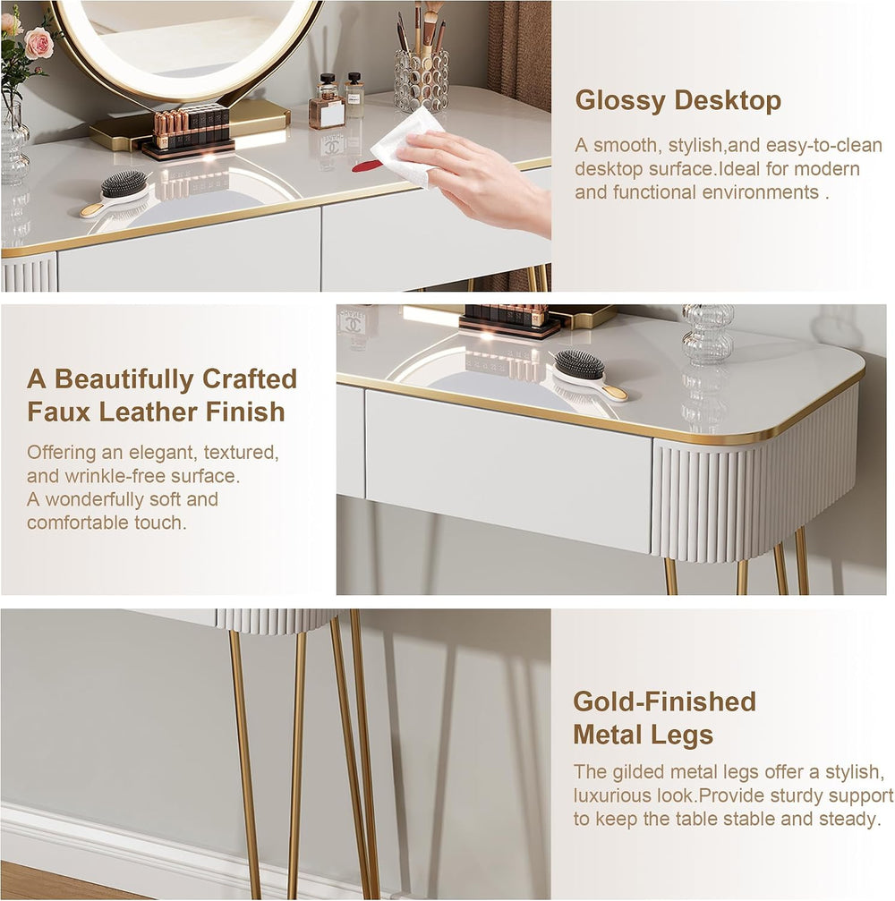 Furnistar White & Gold Vanity Desk with Round LED Mirror & 2 Drawers ...