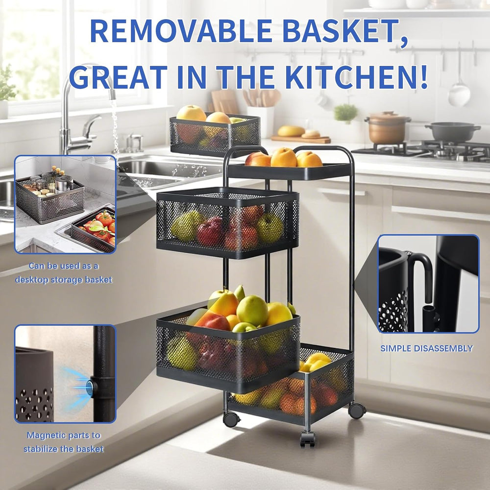 Rotating Kitchen Storage Rack, 4 Tier Rolling Cart with Fruit and Vegetable B...