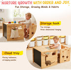 Montessori Weaning Table and Chair Set for Toddlers Age 1-3,with Blackboard | Flip Stool to Adjust Height, Storage Hooks, Puzzle Storage Boards, Natural Wood,CPC Certification,for Dining,Painting,Reading