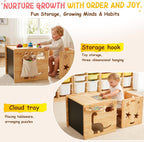 Montessori Weaning Table and Chair Set for Toddlers Age 1-3,with Blackboard | Flip Stool to Adjust Height, Storage Hooks, Puzzle Storage Boards, Natural Wood,CPC Certification,for Dining,Painting,Reading