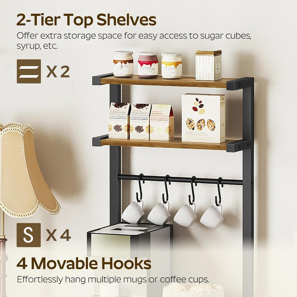 YATINEY Bakers Rack, 5-Tier Coffee Bar Station, Coffee Stand with Pod Drawer Holder, Versatile Kitchen Storage Rack with 4 Hooks, for Living Room, Cafe Corner, Rustic Brown and Black KF01BRY1
