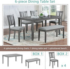 KEIKI 6-Piece Standard Height Dining Table Set with Rectangular Table, 4 Upholstered Slatted Backrset Chair, Bench, for 6 Person, Modern Style Table Set, Easy Assembly, for Kitchen, Dining Room, Gray