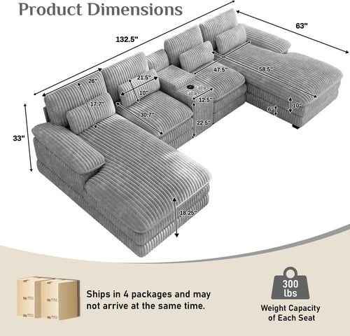 132" U Shaped Cloud Couch Sectional,Fluffy Plush 4 Seat Corduroy Sectional Couches for Living Room,Comfy Corduroy Sofa with Double Chaise Lounge, Storage Console, Cup Holders, USB Port（Grey）