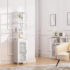 HITNET Bathroom Tall Cabinet, Floor Standing Bamboo Storage Cabinet with 6 Shelves and Shutter Door for Kitchen Living Room, White