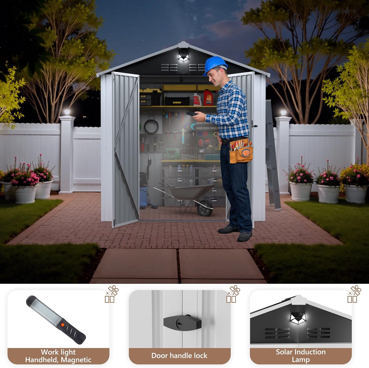 8X6 FT Outdoor Storage Shed, Metal Garden Shed - Tool Storage Sheds with Lockable Doors, Waterproof Outside Storage Building for Backyard, Patio (White; Floor Not Included)