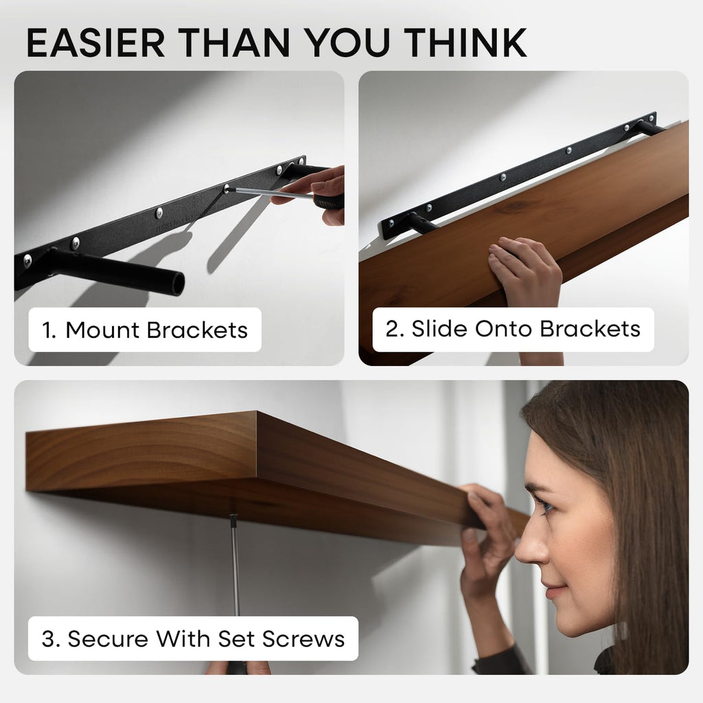 Homeforia 24inch Walnut Floating Shelves for Wall, High End Solid Real Wood 24in Floating Shelf for Bathroom, Dark Brown 24 inch Long Floating Shelves, Heavy Duty Bracket, 24 X 6.5 X 1.75 in, Set of 4